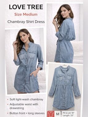 👗 Love Tree Chambray Shirt Dress Size M Light Wash Denim Button Front